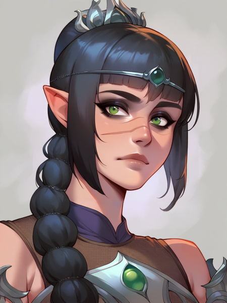 score_9, score_8_up, score_7_up, score_6_up, score_5_up, score_4_up, BREAK, source_cartoon, source_anime, 1girl, solo, shadowheart, black hair, braided ponytail, green eyes, scar on face, circlet, looking at viewer, armor, upper body <lora:ShadowHeartXL:1>