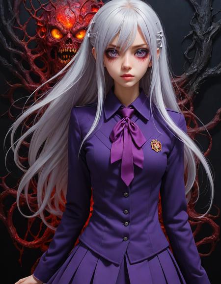 anime girl with a pretty face, white hair, ((purple eyes)), (((sexy school uniform))), wearing a stylish very sexy school uniform, with a funny expression on her face, Hellwalker, incombing death, hell, black bloody veins growing and intertwining out of the darkness, oozing thick yellow blood, veins growing and pumping blood, vascular networks growing, connecting, explanding, red veins everywhere, zdzislaw beksinski, (sharp colors:1.3), (rainbow skin:1.1), (Infrared:1.2), ultra detailed, intricate, oil on canvas, ((dry brush, ultra sharp)), (surrealism:1.4), (disturbing:1.5), beksinski style painting, satanic symbols, (full torso), full body in frame, centered body, realistic, ((intricate details)), (pale gothic evil king), dynamic pose, perfect face, (realistic eyes), perfect eyes, ((dark gothic background)), sharp focus, cartoon