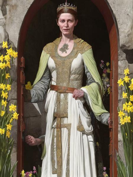 portrait of the (princess of avalon:1.1) standing before the tower door, surrounded by daffodils, detailed  face, art by card-style