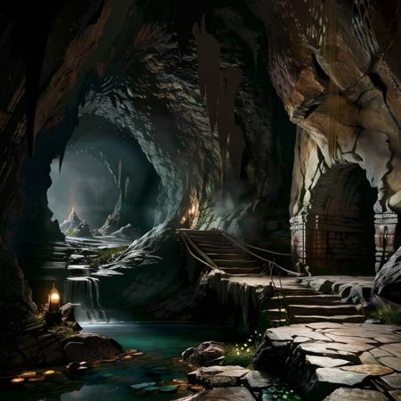 (masterpiece:1.2), (best quality,:1.2), 8k, highly detailed, fantasy, (extremely intricate), (photorealistic), professional light, cinematic lighting, ambient lighting, FanLan, <lora:FantasyLandscape-10:1> a cave with a waterfall