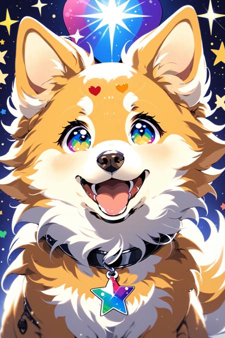 Niji Pride,  solo,  smile,  open mouth,  tail,  heart,  tongue,  tongue out,  star (symbol),  collar,  no humans,  sparkle,  fangs,  looking up,  dog,  animal focus,  sparkling eyes,  fluffy, <lora:EMS-51678-EMS:0.800000>