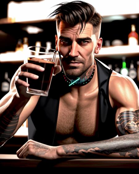 A handsome man as a rough bartender with a stumble beard and a smirk on his face, he is inside a cyberpunk bar, dim volumetric lighting. Cyberpunk 3d render, 4k resolution, highly detailed.