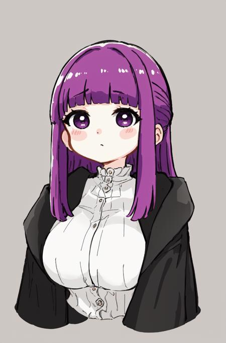 nozochibi, 1girl, solo, blush stickers, (chibi:1.4), simple background, upper body, <lora:nozo-08:1>, fern, purple hair, bangs, purple eyes, blunt bangs, closed mouth, long sleeves, shirt, breasts, dress, white shirt, bright pupils, white pupils, expressionless, large breasts, blush, sidelocks, <lora:fernv2-lora-nochekaiser:1>