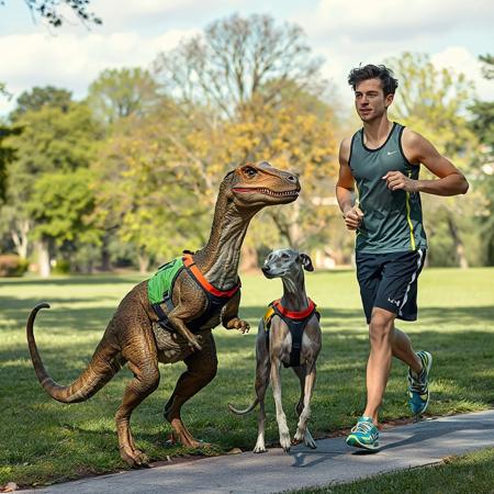 Summer, a beautiful park, a young man in sports clothes jogging next to his pet dinosaur and a greyhound. The dinosaur and the dog are wearing sports vests for dogs, and the dinosaur is the same height as the dog, which creates a bizarre and playful scene.