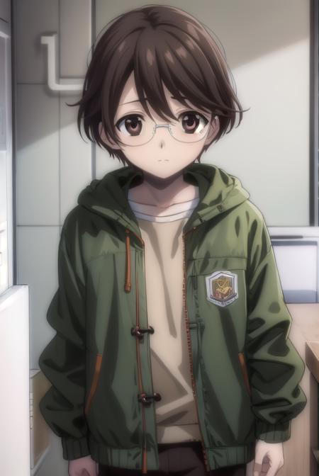 yuuashikaga, <lora:yuuki ashikaga-lora-nochekaiser:1>,
yuuki ashikaga casual, brown hair, shirt, long sleeves, male focus, open clothes, socks, pants, hood, pillow, (brown eyes:1.5), short hair, (green jacket:1.5), glasses,
BREAK ,
BREAK indoors,
BREAK looking at viewer, (cowboy shot:1.5),
BREAK <lyco:GoodHands-beta2:1>, (masterpiece:1.2), best quality, high resolution, unity 8k wallpaper, (illustration:0.8), (beautiful detailed eyes:1.6), extremely detailed face, perfect lighting, extremely detailed CG, (perfect hands, perfect anatomy),