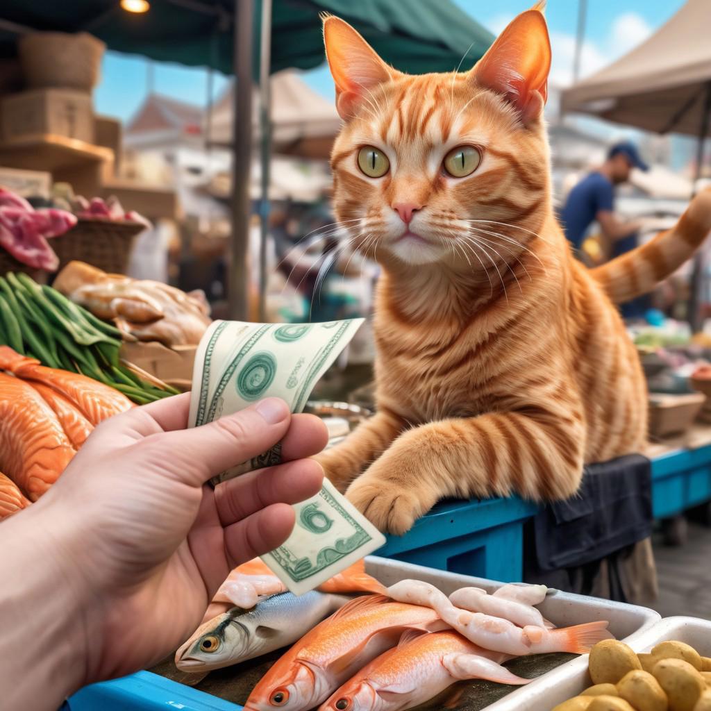 image of a hand offering money to a fishmonger ginger cat, holding fish, 8k, ultra detailed, at the market, <lora:cashbaba:0.6>  <lora:xl_more_art-full_v1:0.5>