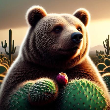 "A highly detailed, high-resolution digital painting of a large, fluffy brown bear holding a prickly pear fruit carefully in its massive paws. The bear's fur is thick and textured, with soft lighting accentuating its natural colors. Its expression is one of concern, eyes wide and eyebrows slightly raised as it hesitates to take a bite, worried about the tiny spines on the fruit. The background is a warm desert landscape, with cacti and soft golden light from the setting sun. The art style is semi-realistic with intricate fur detailing and natural lighting that enhances the atmosphere."