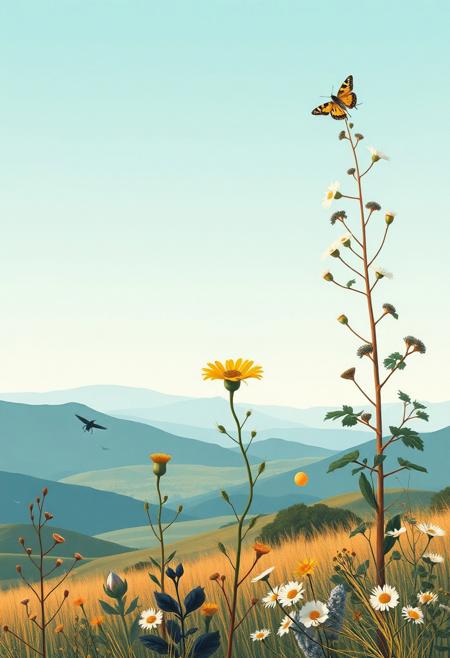 A bold, naturalist illustration, stylized landscape composition, high realism detail, simplified geometric forms, luminous cool tones, precise rendering of flora and fauna, minimalist background, spiritual atmosphere, botanical and entomological studies, bold horizon lines, soft gradients, scientific observation, still life with symbolic depth, serene color fields, elevated perspective, fusion of baroque realism and Canadian modernism, elevated nature study, quiet reverence