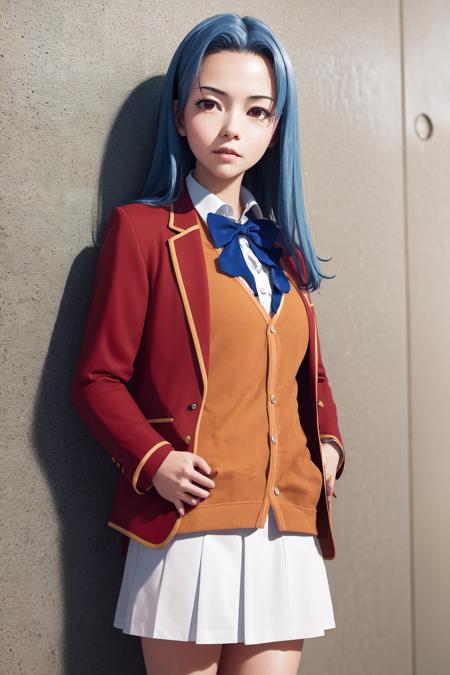 masterpiece, best quality, highres, 1girl haruka hasebe blue hair, school uniform white skirt white skirt red jacket orange vest blue bowtie <lora:haruka_hasebe:1> standing, against wall, hands in pockets, (photorealistic:1.2)