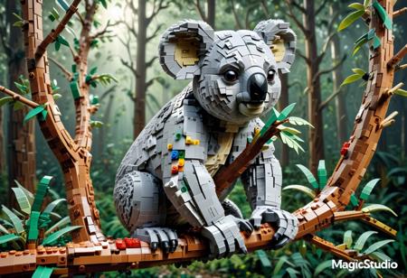 lazypos, highly detailed and hyper realistic, Ultrarealistic, sharp focus, dynamic lighting, LEGO, best quality, big koala with little koala on his back made out of Legos, on the green branch, fantasy, dreamy