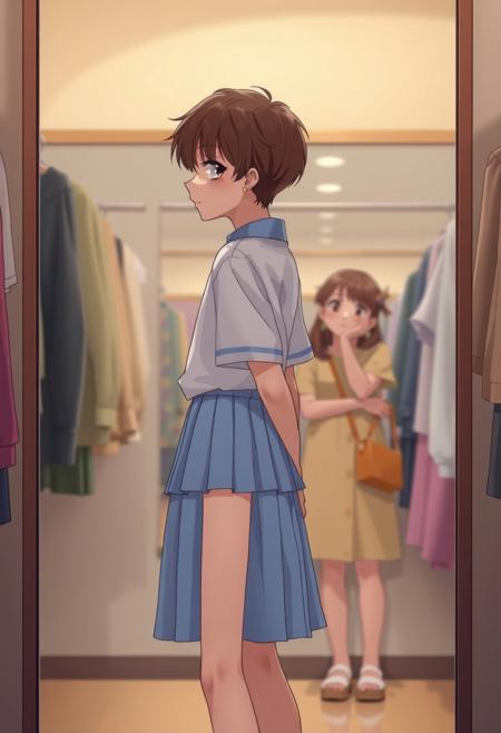 A preteen androgynous boy, around, stands in a clothing store fitting room wearing a sky-blue pleated skate-style miniskirt. he is slender and androgynous, with short brown hair and small button earrings that look recently pierced. he wears a school uniform shirt. he stands in front of a full-length mirror, looking at hem reflection with a mix of awe and quiet happiness. Her mother, just outside the mirror’s reflection, watches supportively. The lighting is soft and warm. The mood is intimate and emotional, symbolizing a moment of self-discovery and quiet triumph. anime style