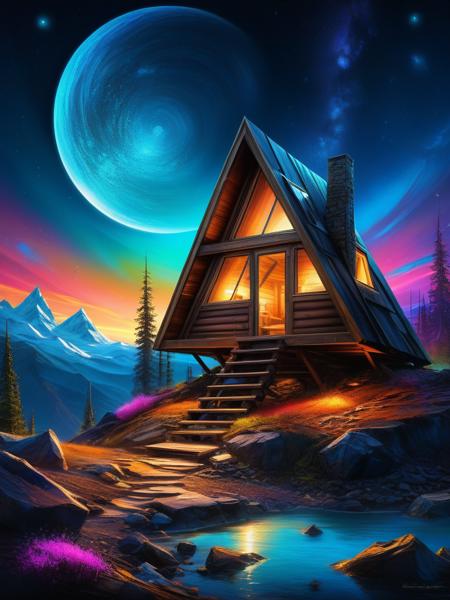 <lora:10NaturalismPainting_Hap_XL:1.5>, Thomas Moran style,oil painting,nature,landscape, Indie game art,(triangle shaped wooden cabin (galaxy in the night sky), Dreamlike ,Surreal landscapes,  Twisted reality, Surreal still life), (Vector Art, Borderlands style, Arcane style, Cartoon style), Line art, Disctinct features, Hand drawn, Technical illustration, Graphic design, Vector graphics, High contrast, Precision artwork, Linear compositions, Scalable artwork, Digital art, cinematic sensual, Sharp focus, humorous illustration, big depth of field, Masterpiece, trending on artstation, Vivid colors, trending on ArtStation, trending on CGSociety, Intricate, Low Detail, dramatic, (masterpiece),(best quality),(ultra-detailed),(unrealengine)(octanerender)(HDR)ï¼