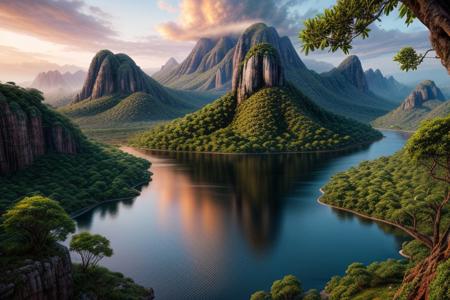 beautiful enchanting landscape, 32k, UHD, jungle, mountains, lake, masterpiece, ultimate quality, sharp focus, beautiful scenery, highres, highly detailed, superrealistic, photorealistic, digital painting, concept art, intricated details, absurdres, epic, highiest texture resolution, detailed scenery, hyperrealistic, cinematic lighting, vivid colors, dynamic angle