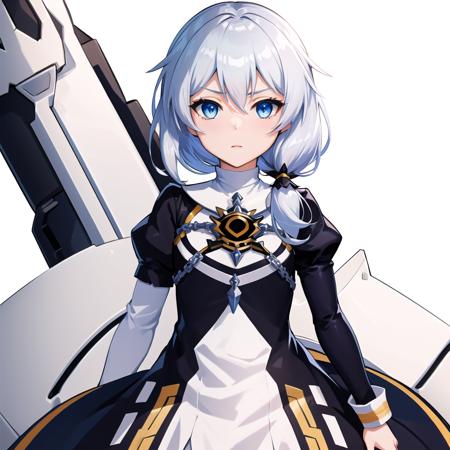 (masterpiece:1.2), (best quality:1.3), valkyrie_pledge, 1girl, blue_eyes, white_hair, side_ponytail, short_hair, flat_chest, black_dress, <lora:valkyrie_pledge_v4:1>