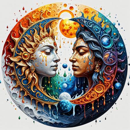 Finely detailed vector illustration. sun and moon, eternity, ultra realistic quality,circle symbols,white background, oil painting, hyperdetailed, intricately detailed,  triadic colors,fantastical,intricate detail,splash screen,complementary colors, fantasy concept art, 8k resolution, masterpiece,oil painting,heavy strokes,paint dripping.