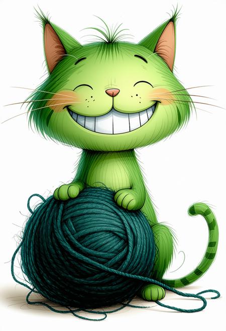 A green anthromorphic cat with gleaming white teeth grins broadly and leans on a dark, woolly ball of wool.

Style: whimsical, children book.