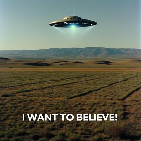 amateur photo of a UFO in the sky above a plain and the text "I WANT TO BELIEVE" written below, vhs, classic footage, moire effect, disposable camera photo
