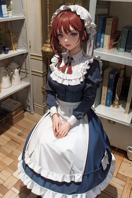 masterpiece, best quality,Iliacoral,white apron, blue dress