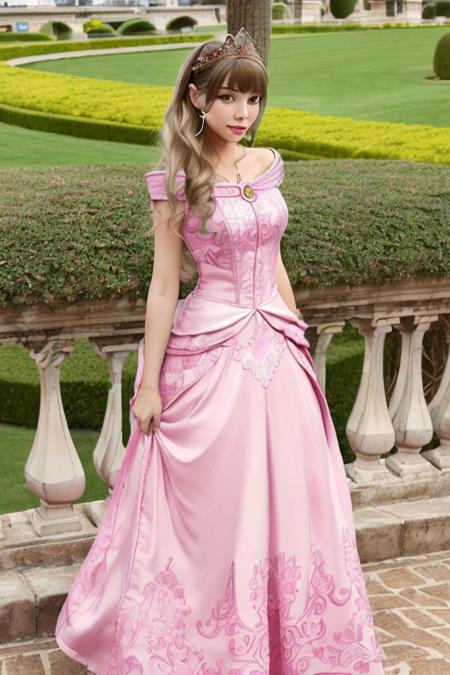 1girl, realistic, solo, (masterpiece:1.2), best quality, <lora:aurora_cos_v10-10:0.8>, aurora, pink dress, long dress