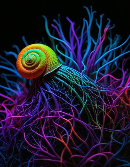 super realistic neon color snail roots flow, colors contrast, sharp focus and highly detailed artistic nature photography, best quality, dim light, <lora:fenn_neoncolor:0.6000000000000001>