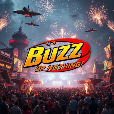 Hyper realistic style, ‘It's Buzz Or Nothing!’. On a gigantic outdoor using the same logo as NERF. (Focus on text), extremely detailed environment with lights, firecrackers, alien ships, military base, lgbt community im a crowded place bigger than superball. 
Everything in space!