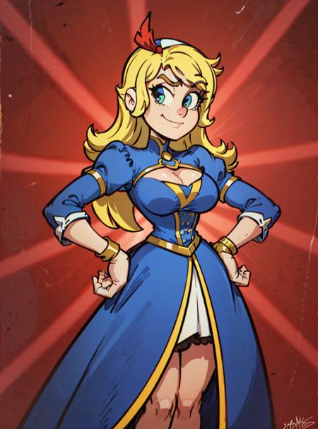 1girl, (blonde long hair:1.3), (blue dress, hair band, very curvy, cleavage, bare hip), cute pose, looking at viewer, four fingers, retro artstyle, toon \(style\), sexy, nervous smile, panties, hands on hips, 
(red background:1),
(masterpiece:1.2), (best quality, highest quality), (ultra detailed), (8k, 4k, intricate),(full-body:1), (50mm), (highly detailed:1.2),(detailed face:1.2), detailed_eyes,(gradients),(ambient light:1.3),(cinematic composition:1.3),(HDR:1),Accent Lighting,extremely detailed,original, highres,(perfect_anatomy:1.2),
<lora:Retro_Style-20:0.8>