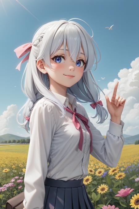 (masterpiece:1.3), (absurdres:1.3), (best quality:1.3), (ultra-detailed:1.3), 1girl, ph elaina, Eoutfit4, elaina (majo no tabitabi), solo, long hair, bow, white shirt, blush, skirt, bangs, hair between eyes, blue eyes, bowtie, hair bow, collared shirt, long sleeves, shiny hair, neck ribbon, dress shirt, sidelocks, pleated skirt, pocket, hair tubes, white hair, single braid, wing collar, pink ribbon, school uniform, shiny, hair ribbon, bright smile, upper body, day, clear sky, looking at sky, look Up, meadow background, closed mouth, (wind:1.2), flowers flying in the wind,  <lora:elaina-ph_64:1>, dynamic pose, v, <lora:GoodHands-vanilla:1>, nice hands,