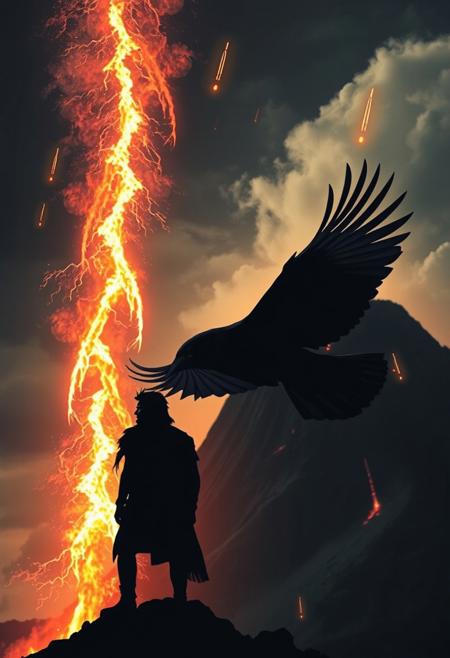 vintage movie poster with black SKY very clean colours, meteors falling from sky, and a black raven flying with wings  like thunders coming out from a volcano erupting ,wind seems like flames, behind a very clear silhouette of a chaman man looking to the raven in skt. extremely intricate, stylized and classy concept art, a professional photograph. Detailed Textures, high quality, high resolution, high Accuracy, realism, color correction, Proper lighting settings, experimental art composition
Text "Rey Trueno",