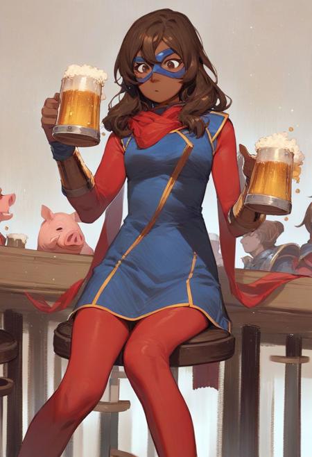 score_9, score_8_up, source_anime,
1girl, kamalakhan, brown hair, long hair, brown eyes, dark skin, mask, red scarf, blue short dress, red bodysuit, red pantyhose, bracers, drinking beer, beer, mug, solo, bar, pig, sitting, barstool