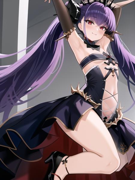 (hyper extreme detailed),(masterpeace),(hyper extreme),(photorealistic),CG,llustration,novel illustration,1girl, <lora:Felix_Schultz_v2:1> Felix_Schultz,purple hair,twintails,tiara,red eyes, black dress,long skirt,elbow gloves,high heels,mesugaki