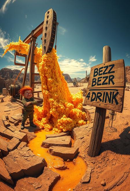 “A massive industrial oil extraction pump working tirelessly in a rugged desert landscape. Instead of crude oil, golden frothy beer erupts from the pierced ground, splashing chaotically under the scorching sun. Foamy rivers of beer flow through the cracked earth, reflecting warm amber hues. Nearby, Sideshow Bob, wearing a rugged oil worker’s suit, stands with a smug expression, arms crossed as he watches the beer gushing. His wild red hair contrasts against the industrial scene. A weathered, rotten wooden sign leans precariously near the pump, with faded, barely legible text: ‘BEERSTRACTION PUMP’ and ‘BUZZ 4 A DRINK’ scrawled in messy, dripping paint. The shot is taken with an extreme 12mm fisheye cinema lens, creating a dramatic, distorted perspective—curved horizon, exaggerated depth, and an immersive wide-angle view. Ultra-detailed, hyperreal textures with a painterly touch, deep contrast, and dynamic lighting.”