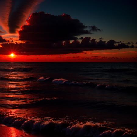 digital art, bloody sunset over the sea horizon, red on black, big red sun