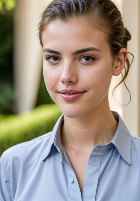 RAW close up portrait photo of alexandrabotez-ti, natural lighting, 8k uhd, dslr, high quality, film grain, Fujifilm XT3, by Guy Bourdin, Button-down shirt and chinos, casual clothing, well dressed