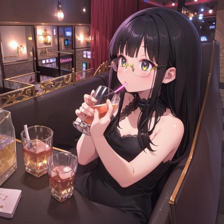 best quality, ultra-detailed, illustration,
sc1, scenery, night, lights, indoors, light, neon lights, couch, table,
1girl, glasses, black hair, long hair, black dress, drinking glass, 
 <lora:SC1_SD15_V1:1>