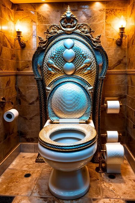 sn4k3. A luxurious bathroom with a pristine toilet resembling a throne, except the seat is covered in smooth, iridescent sn4k3 skin. A tiny, forked tongue flickers from the hinge. The roll of sn4k3 toilet paper. Warm, cozy bathroom lighting with an golden atmosphere.