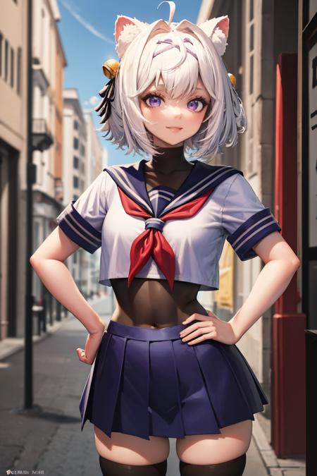 Filian, purple eyes, short hair FilianOverall, purple eyes, short hair, hair ornament, overalls, white sweater, black thighhighs FilianSailor, purple eyes, short hair, hairclip, hair bell, serafuku, red neckerchief, swimsuit under clothes, covered navel, blue skirt, black thighhighs