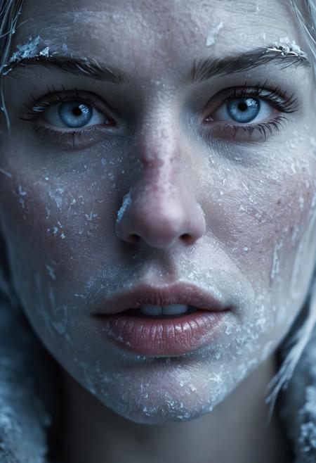 masterpiece, perfect face, A close-up of a frost-covered, weary face with chapped lips and intense eyes, details of frozen eyelashes, under dramatic, moody lighting, snowflakes delicately resting on the skin, cinematic focus on facial texture and raw survivalist expression, illuminated by cold, blue-toned lighting, steam and frost swirling in the background, with the words âFrostpunk Styleâ prominently centered in the upper-middle area of the image, bold frost-cracked letters with a metallic texture that blend with the icy ambiance, appearing as if etched in frozen steel