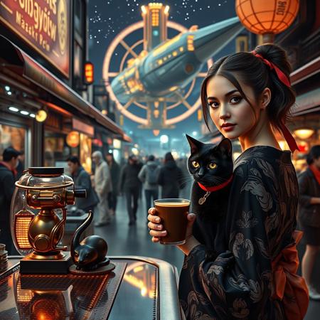 Setting is a futuristic cyberpunk street market at night, the market is comprised of street vendors selling robot parts, food, weapons, and robot pets. People wearing futuristic cyberpunk clothing are walking through the street market shopping and eating, A sleek black cat with red collar sits on a cluttered metal riveted counter with transparent top and micro-LED lighted computer components visible inside, On the counter is an ebony and gold maneki neko statue and a classic ornate art deco espresso machine of copper and brass, (((a beautiful woman, 24 years old, is standing in the foreground facing the viewer with a steaming cup of espresso in her hand. Her eyes are beautiful and focused on the viewer, she has an expression of interested curiosity))), the sleek black cat with red collar is sitting on the desk and watching the people walking by in the busy street market, the woman is dressed in futuristic cyberpunk Japanese style kimono-style clothing that are sexy and Japanese classic aesthetic. An enormous art deco inspired starship with futuristic lighting and an enormous space station are visible in the background among the stars, The woman's hair is elegantly tied up with a ribbon. Artistic cyberpunk, dynamic perspective, (((overall architectural aesthetic is Art Deco Cyberpunk))).  Epic image that elicits a feeling of wonder and awe, part of the interior is visible,