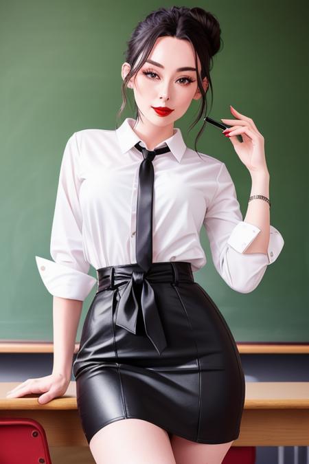 photo of forestnymph-2020:0.99, a woman, ((black hair, hair up, hair in bun):1.2), ((cowboy shot, waist, hips, thighs)), ((classroom, chalkboard):1.3),((red lipstick, eyeliner, eye shadow):1.2), ((white shirt, necktie, skirt)), perfect hourglass figure, ((best quality, masterpiece, extreme details):1.2), ((beautiful eyes, detailed eyes, detailed face, beautiful face):1.2)