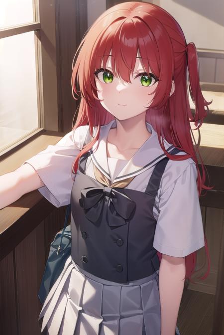 kitaikuyo, <lora:ikuyokita-lora-nochekaiser:1>, 
ikuyo kita, (green eyes:1.5), hair between eyes, long hair, one side up, red hair, (flat chest:1.2), smile,
BREAK black footwear, black skirt, grey sailor collar, pleated skirt, sailor collar, school uniform, shoes, short sleeves, shuka high school uniform, skirt,,
BREAK indoors, classroom,
BREAK looking at viewer, (cowboy shot:1.5),
BREAK <lyco:GoodHands-beta2:1>, (masterpiece:1.2), best quality, high resolution, unity 8k wallpaper, (illustration:0.8), (beautiful detailed eyes:1.6), extremely detailed face, perfect lighting, extremely detailed CG, (perfect hands, perfect anatomy),