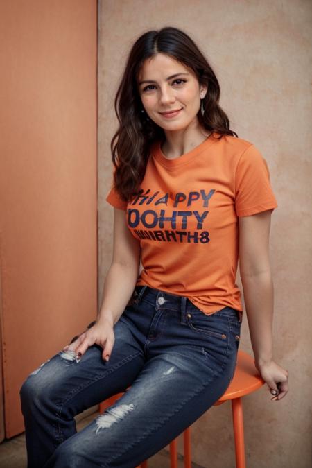 wearing a  orange tshirt, jeans,  birthday party  <lora:Monica1873Bar:1> a woman, m1873b, solo,