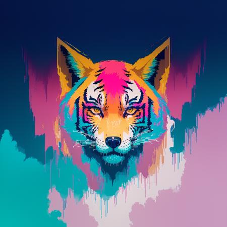 (masterpiece:1.1), (highest quality:1.1), (HDR:1.0), extreme quality, cg, (negative space), detailed face and eyes, 1girl, fox ears, animal ear fluff, (honey:1.2), (bright colors), splashes of color background, colors mashing, paint splatter, complimentary colors, neon, (thunder tiger), irritated, electric, limited palette, synthwave, vaporwave, fine art, tan skin, upper body, (red and magenta:1.2), time stop