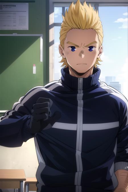 mirio, <lora:mirio-lora-nochekaiser:1>,
mirio, short hair, blonde hair, spiked hair,
BREAK jacket, pants, scar, sleeves rolled up, track jacket, track suit, track pants, scar on arm,
BREAK looking at viewer, upper body,
BREAK indoors, classroom,
BREAK <lyco:GoodHands-beta2:1>, (masterpiece:1.2), best quality, high resolution, unity 8k wallpaper, (illustration:0.8), (beautiful detailed eyes:1.6), extremely detailed face, perfect lighting, extremely detailed CG, (perfect hands, perfect anatomy),