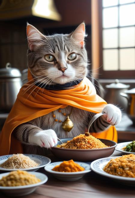 muslim cat, cat wearing muslim cape, muslim clothes, cat preparing for ramadhan iftar meal, biryani rice, iftar, big meal, arabic cuisine,