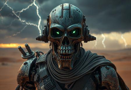8K UE5/Octane render of a post-apocalyptic cyborg warrior (Mad Max-inspired) with hyper-detailed welded steel skull mask, exposed hydraulic jaw, and rusted cybernetic arms. Volumetric supercell storm backdrop with lightning-lit sandstorms. Design fuses George Miller's dystopian grit with H.R. Giger's biomechanics: oil-leaking pistons, glowing subdermal vents, and HUD-equipped bionic eyes showing ammo/radiation stats. Golden ratio composition highlights battle-ready stance against heat-haze horizons. Rendered with nanite geometry for lifelike textures (bullet dents, frayed cables), real-time sand abrasion, and dynamic cloth physics on tattered cape. Post-processed with ARRI film grain, dieselpunk LUT, and thermal distortion. Tags: #CyberHorror #CharacterDesign #DieselPunk.