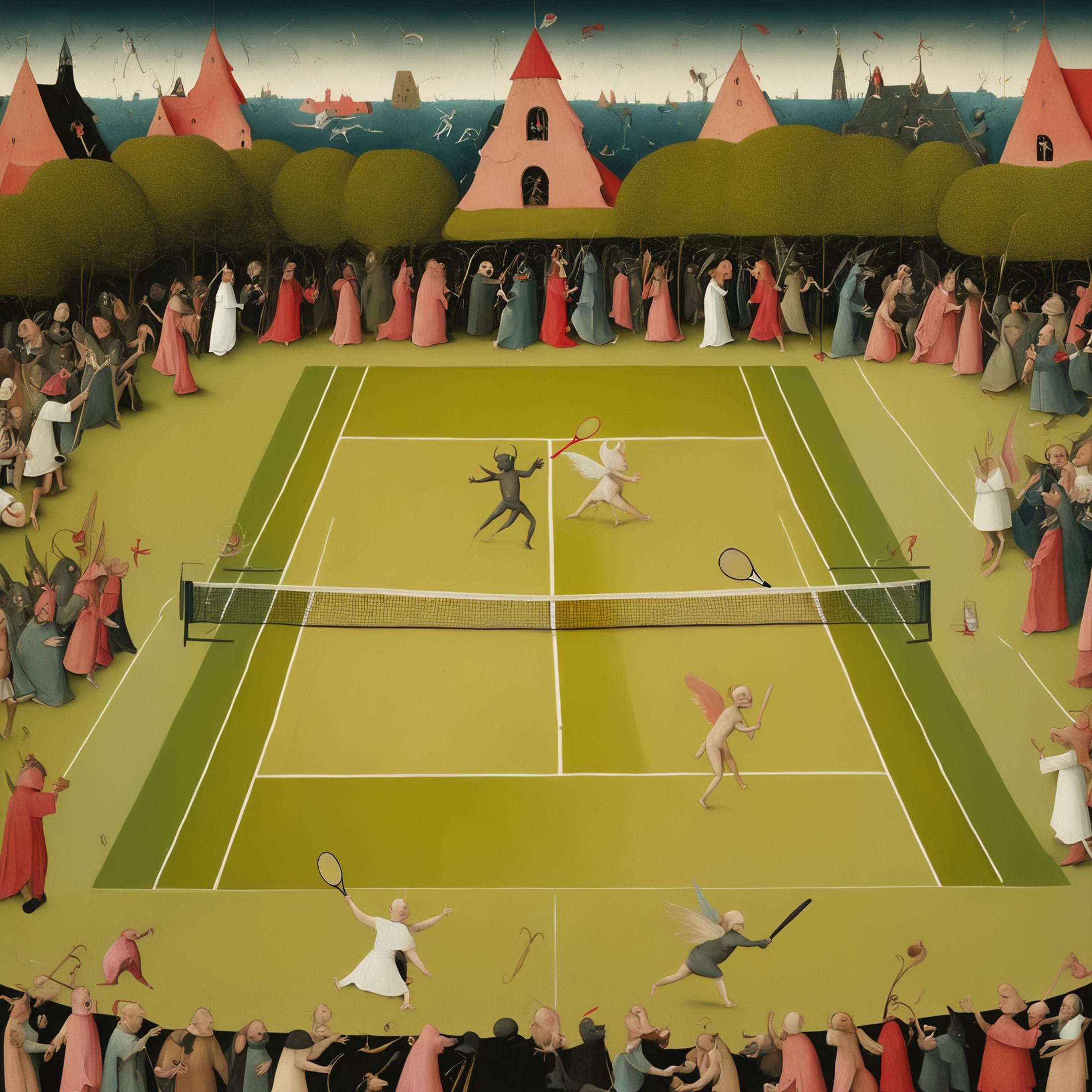 A painting of a tennis court with two players, surrounded by a crowd.