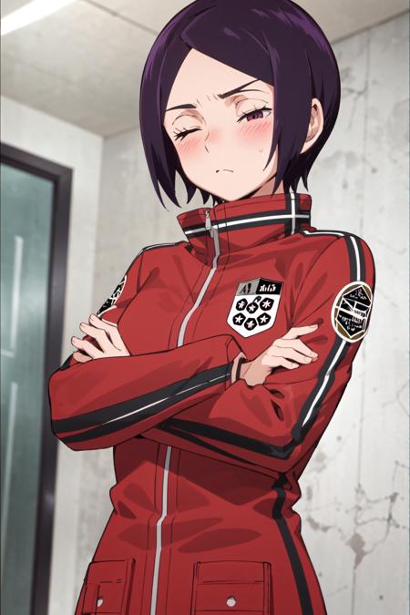 kitora ai short hair, forehead red jacket, black pants, red footwear,boots