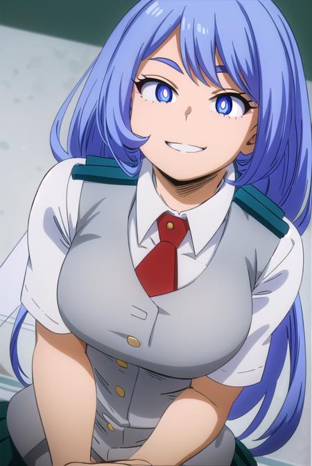 nejirehadou, <lora:nejire hado s3-lora-nochekaiser:1>,
nejire hado, long hair, blue eyes, blue hair, (bright pupils:1.5), smile,
BREAK skirt, shirt, school uniform, short sleeves, pleated skirt, necktie, collared shirt, vest, red necktie, u.a. school uniform,
BREAK indoors, classroom,
BREAK looking at viewer,
BREAK <lyco:GoodHands-beta2:1>, (masterpiece:1.2), best quality, high resolution, unity 8k wallpaper, (illustration:0.8), (beautiful detailed eyes:1.6), extremely detailed face, perfect lighting, extremely detailed CG, (perfect hands, perfect anatomy),