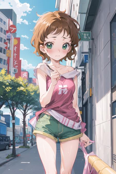 1girl, sndsuzuka, short hair, brown hair, green eyes, shirt, short shorts, embarrassed, blush, looking at viewer, standing, city  <lora:sounanda-suzuka-000004:0.8>