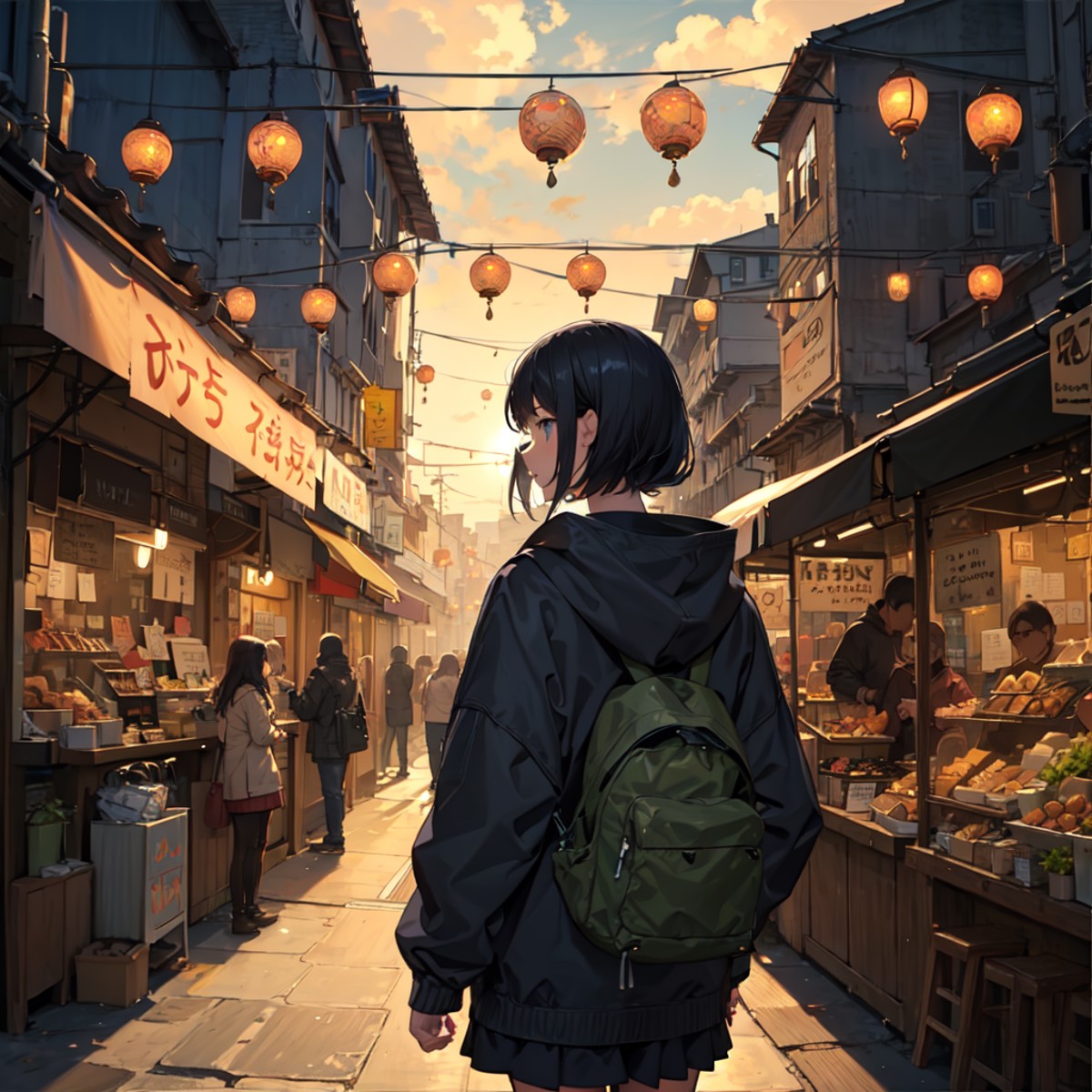 Masterpiece anime artwork in style of Makoto Shinkai. A girl with black half updo hair in unzipped parka and sporty shorts...